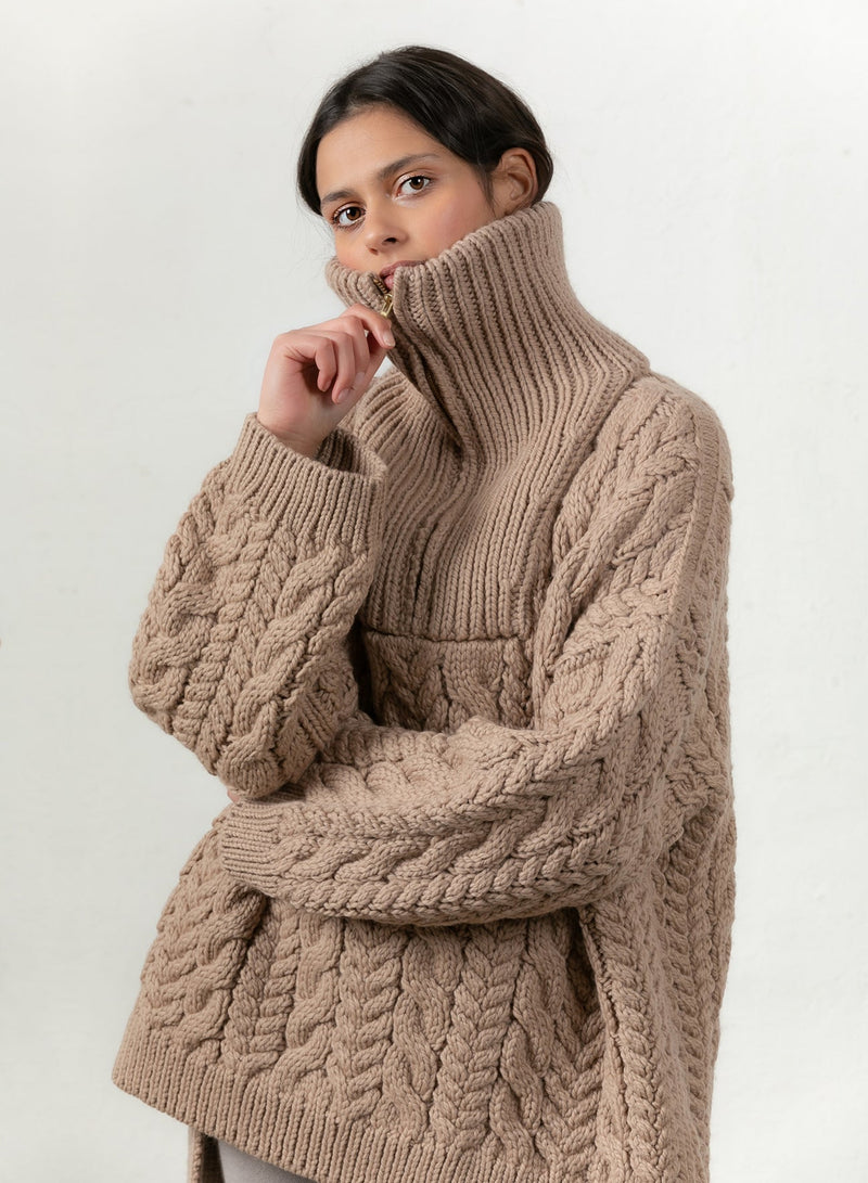 Cable Zip Up Jumper by Mr Mittens - Warm Taupe