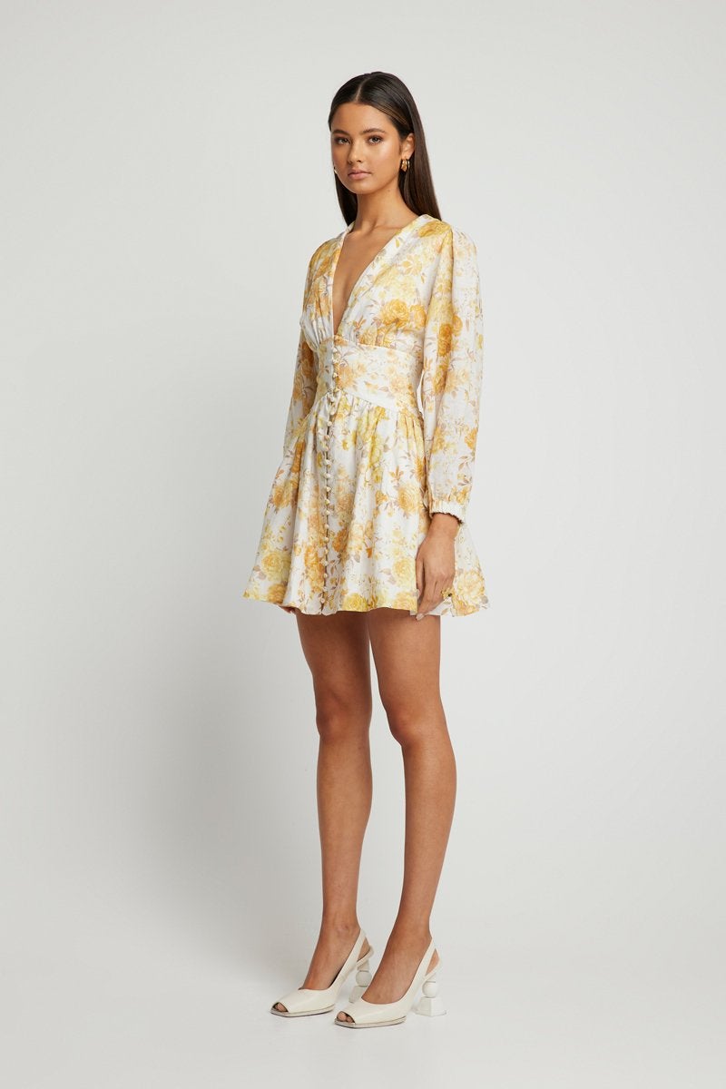 Capri Long Sleeve Mini Dress by SOFIA The Label -Yellow Floral - Side