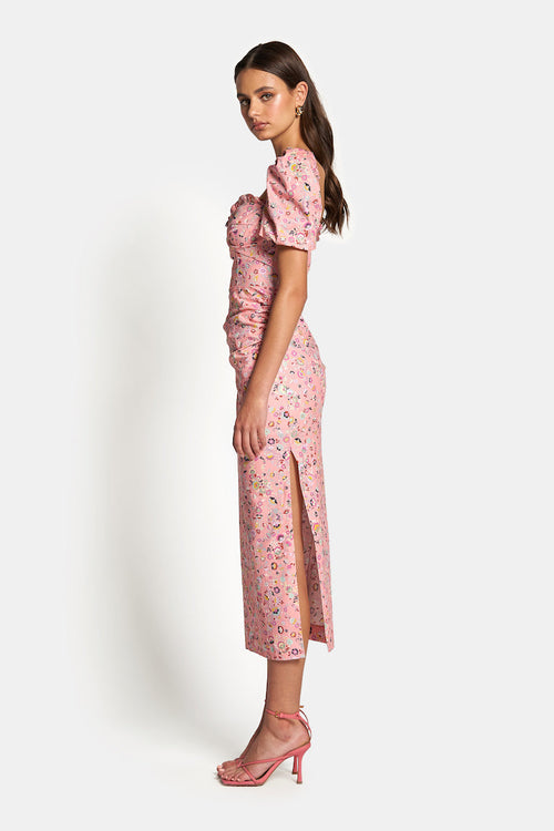 Dolce Short Sleeve Midi Dress by SOFIA The Label - Ditsy Pink Floral - Side